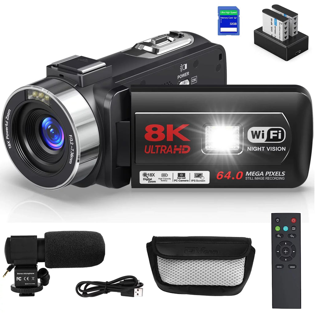 Video Mic Video Digital Flip 32GB inch 64MP Camera External Vlogging with Remote for 8K Camcorder Camera Camera Screen Control, SD Card, 2.4G Camera 3.0 18X Two and Batteries MARVUE Youtube