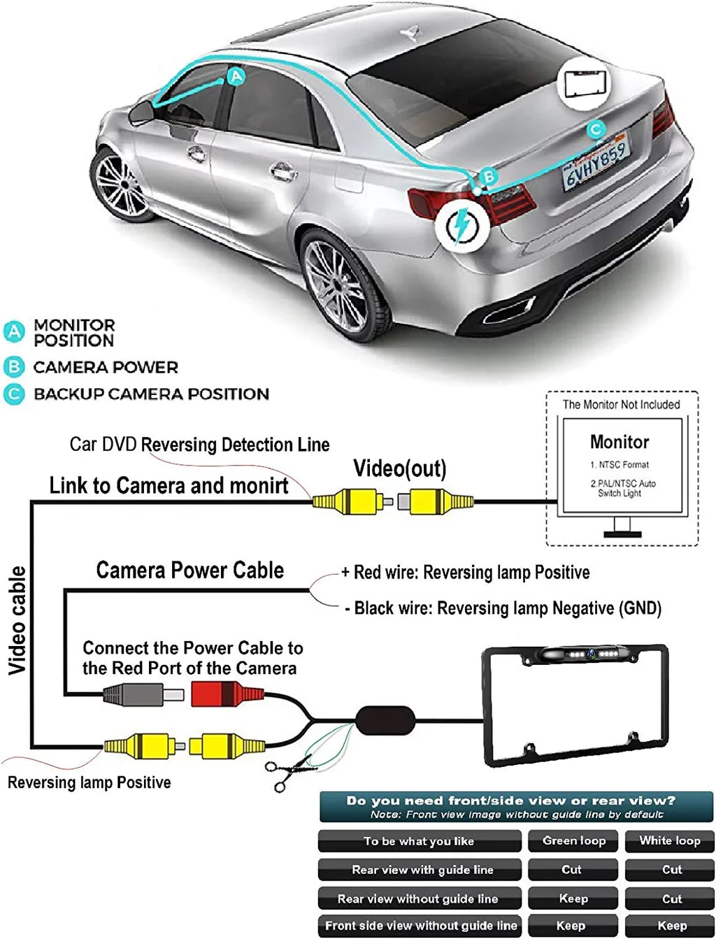 License Plate Black Waterproof Camera DMX125BT for Rearview Kenwood Backup DMX-125BT