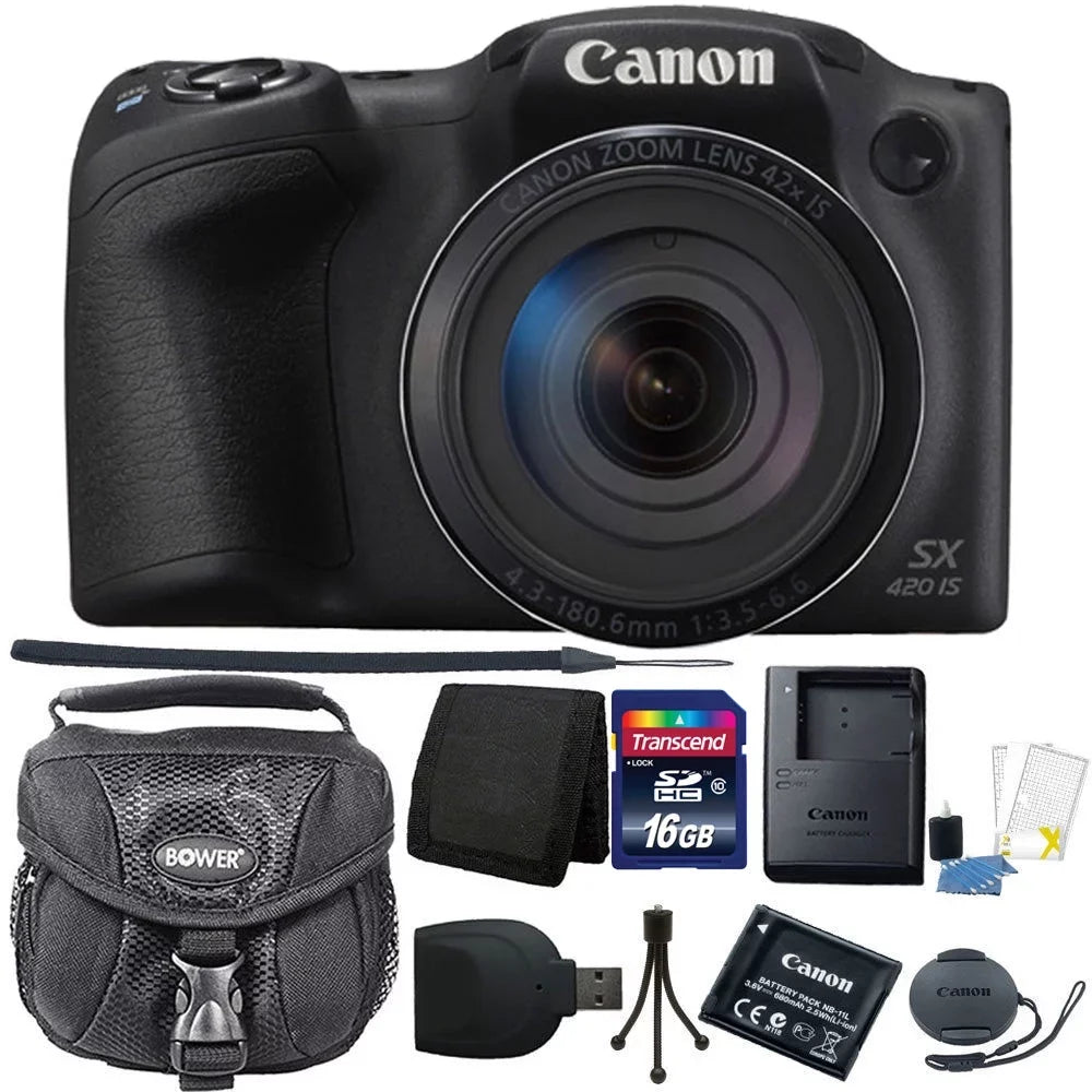 Lens Video ISO Black Optical Digital 720p 20.0MP Accessory HD Recording Zoom Built-In PowerShot Canon CCD IS Camera SX420 Wi-Fi 16GB + 42x 1.2.3" 1600 24-1008mm Equivalent) Kit (35mm