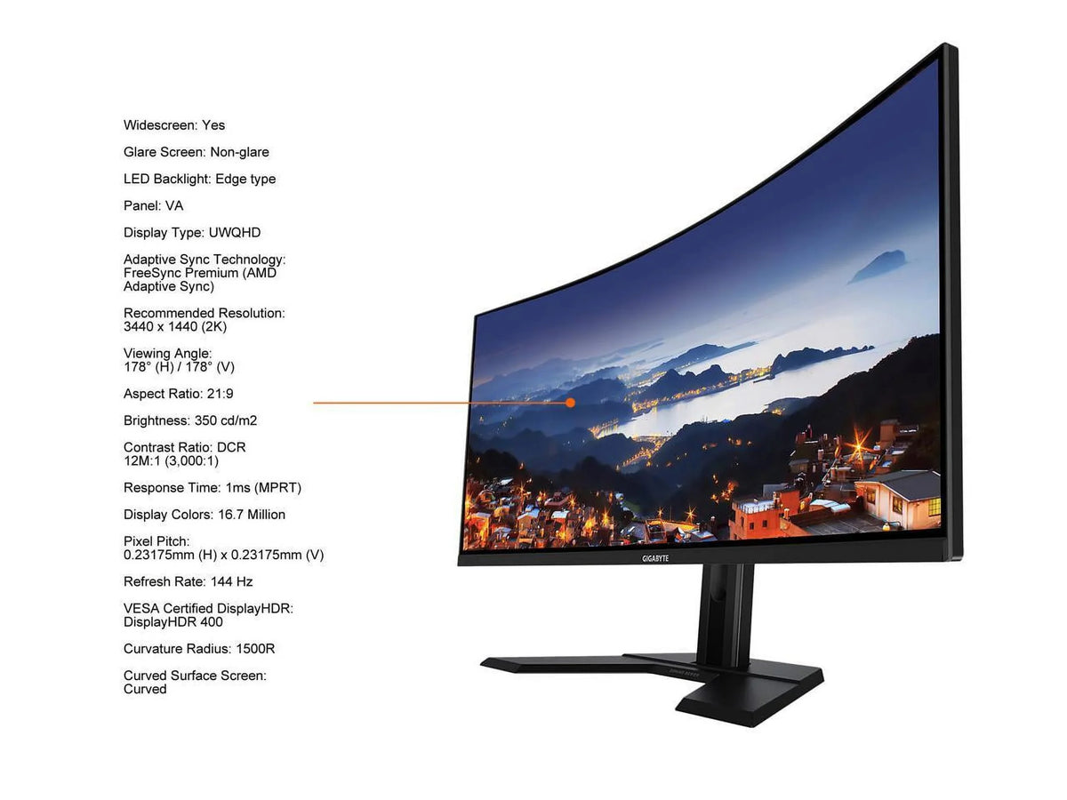 A-SA 1440 Display 2x 2K (MPRT), 90% VA 1ms x G34WQC UWQHD 1500R Gaming DisplayPort Premium, DCI-P3, 2x 2.0 Monitor 144Hz FreeSync 1.4, HDR400, HDMI GIGABYTE 3440 Curved Display, VESA 34"