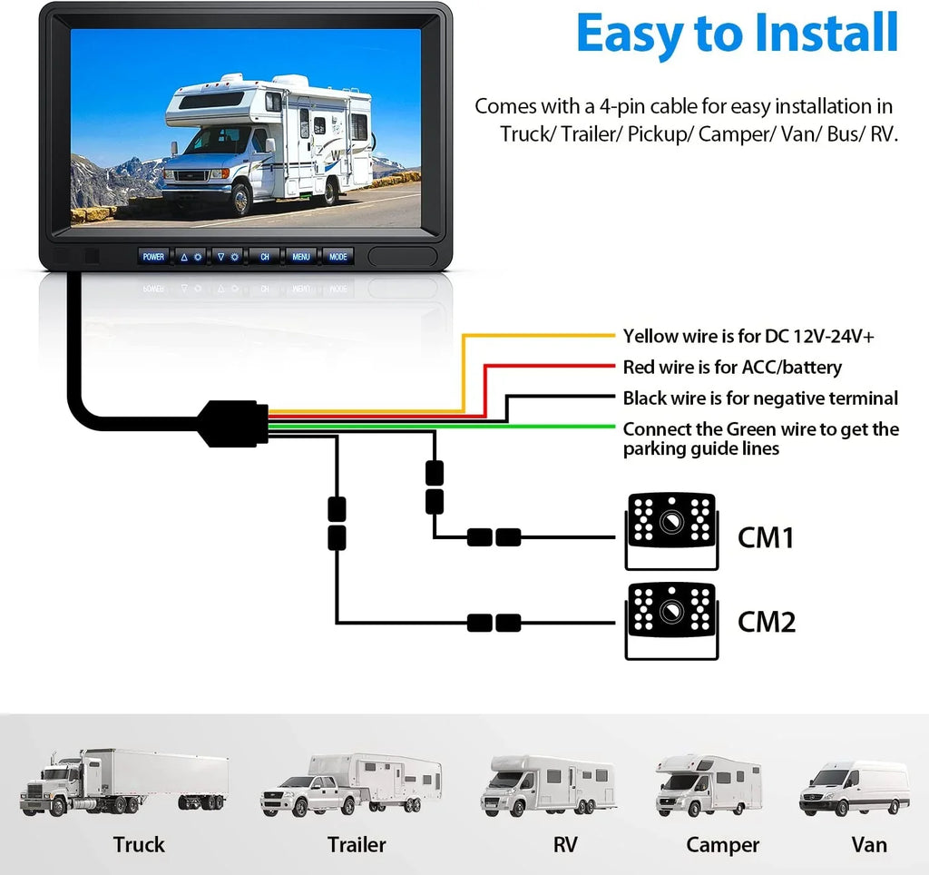 DVR Reverse Backup Wired Waterproof RV/Trailer/Semi-Truck/Camper-BY702A Camera 1080P Touch ZEROXCLUB IP69 Clear Camera for Button RV Monitor, Kit View Vision HD Rear 7'' Systems, Night IR Split