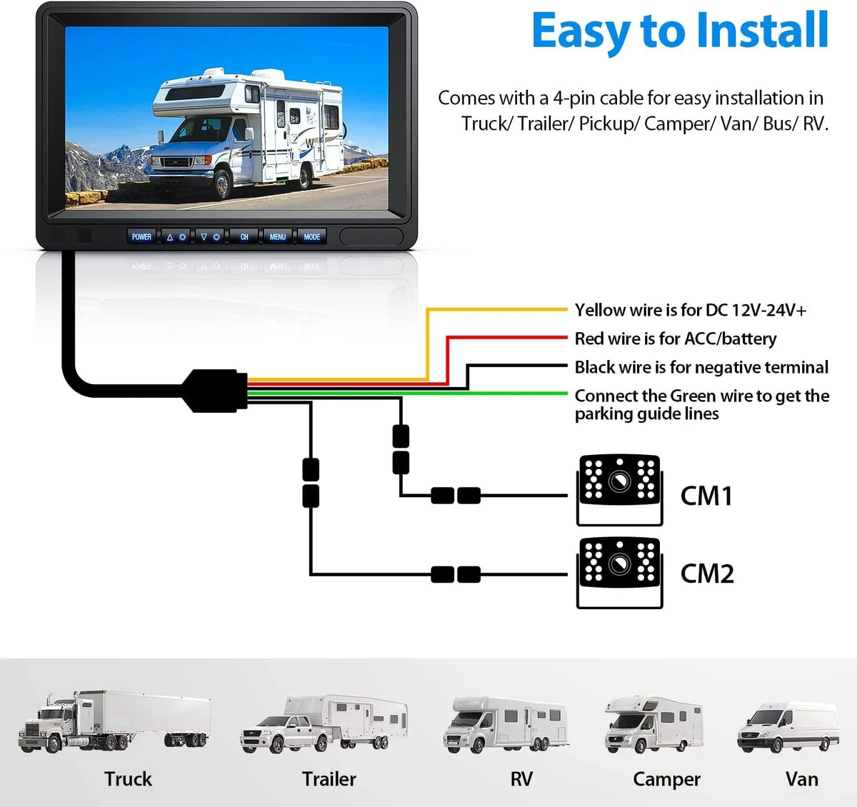 DVR Reverse Backup Wired Waterproof RV/Trailer/Semi-Truck/Camper-BY702A Camera 1080P Touch ZEROXCLUB IP69 Clear Camera for Button RV Monitor, Kit View Vision HD Rear 7'' Systems, Night IR Split
