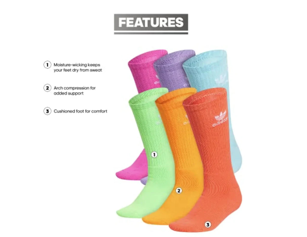 Large 6 Crew Originals Multi-colored, Trefoil Socks, Pack, Youth
