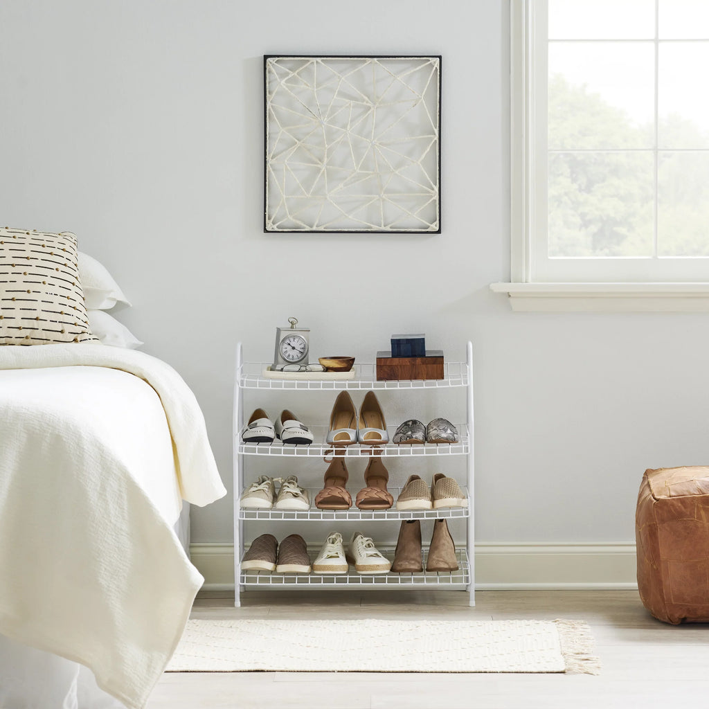 Rack Rubbermaid Freestanding Shelf 4-Tier Organizer, Wire and White Shoe