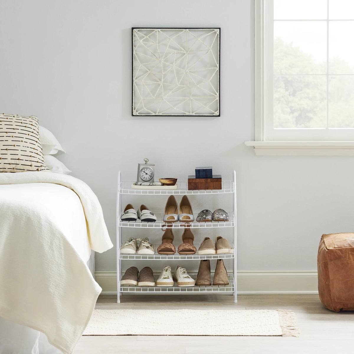 Rack Rubbermaid Freestanding Shelf 4-Tier Organizer, Wire and White Shoe