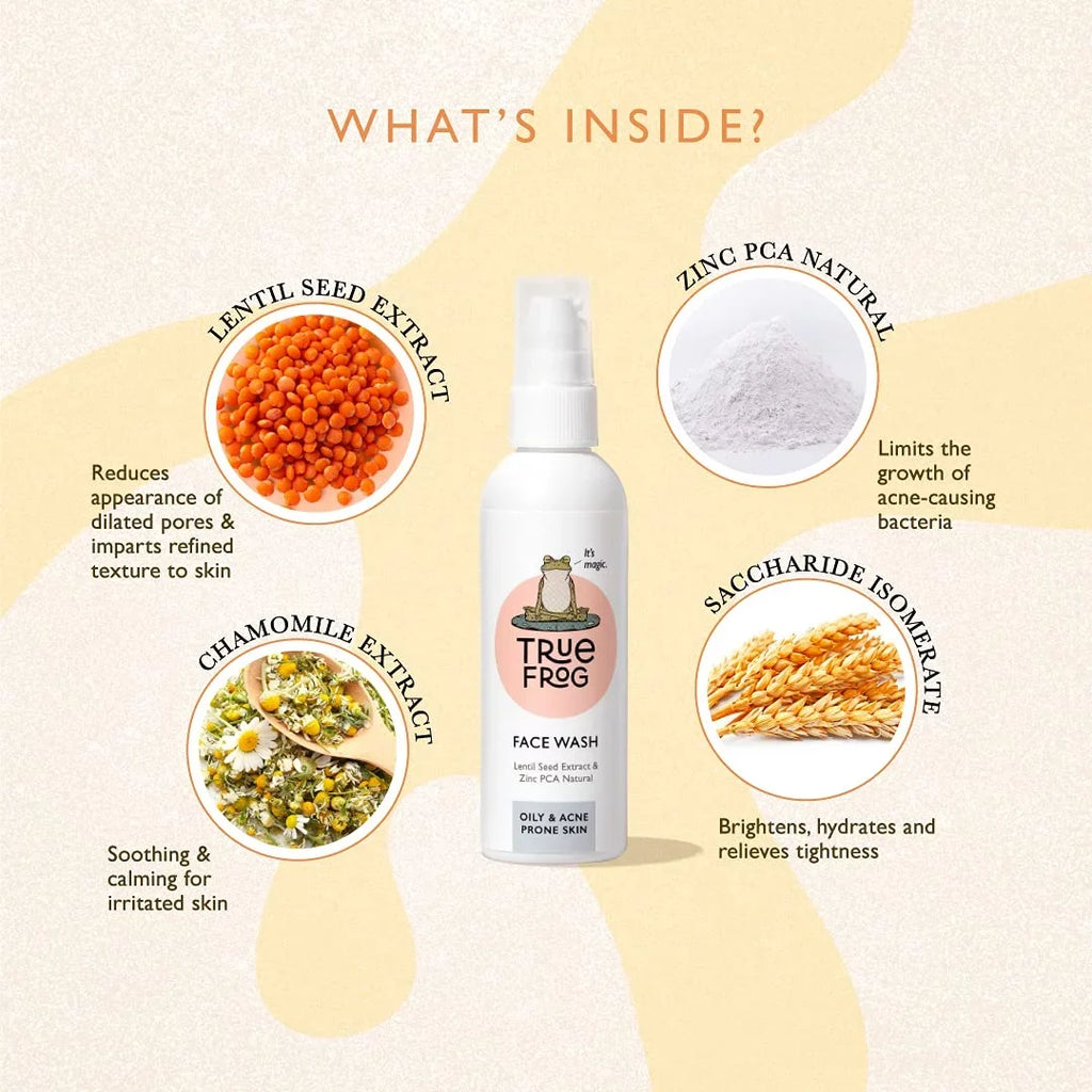 Skin, Wash for Zinc Face FRoG and for with Chamomile, Lentil Natural and Softens, - (100 Seed Controls Smoothens Oily Brightens, Oil Acne ml) TRue Excess Extract, Pimples Skin PCA