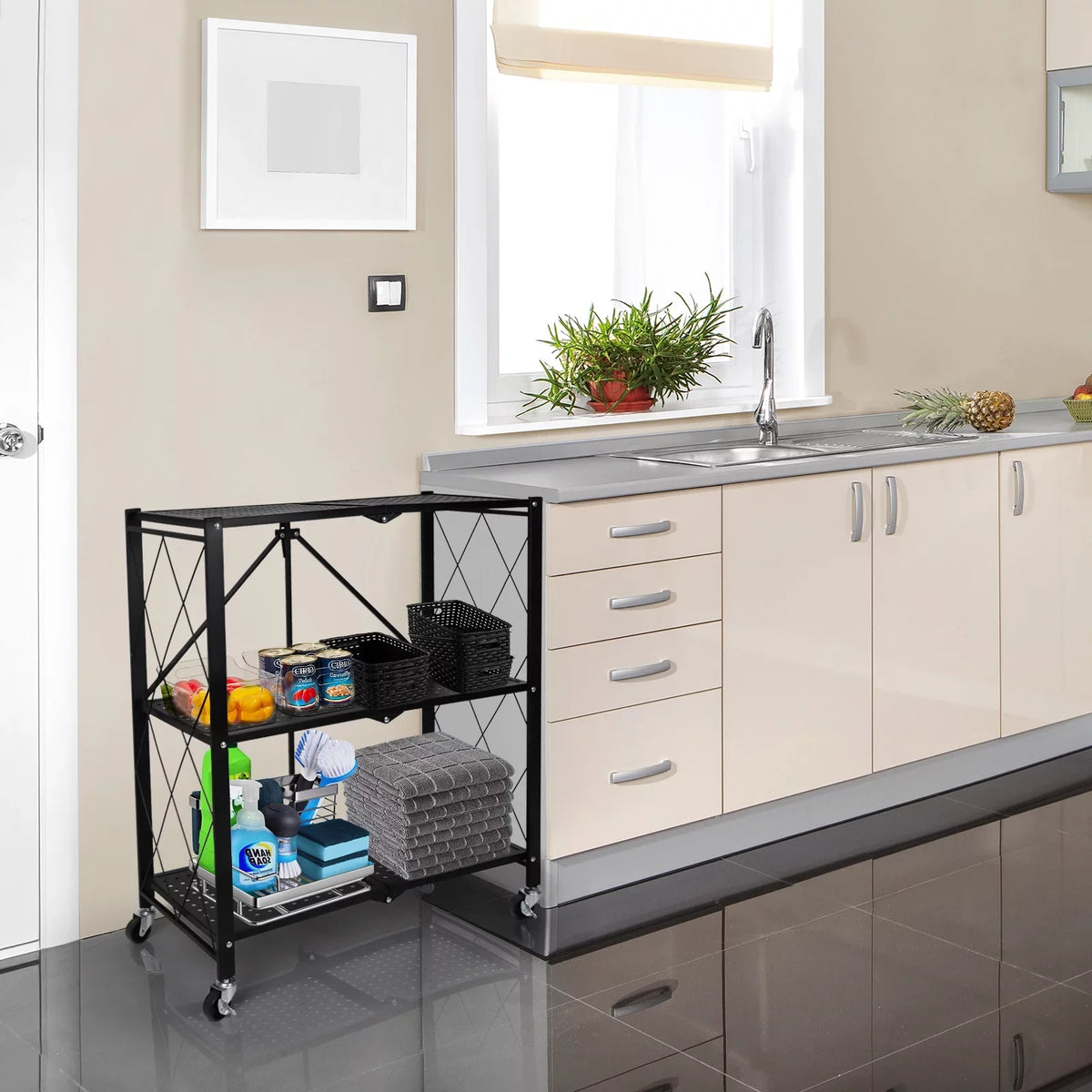Suitable Foldable Shelving Kitchen, Metal Heavy Organizer Rack Unit Easy Shelving Storage Moving Black Storey Garage for 3-Tier with Duty