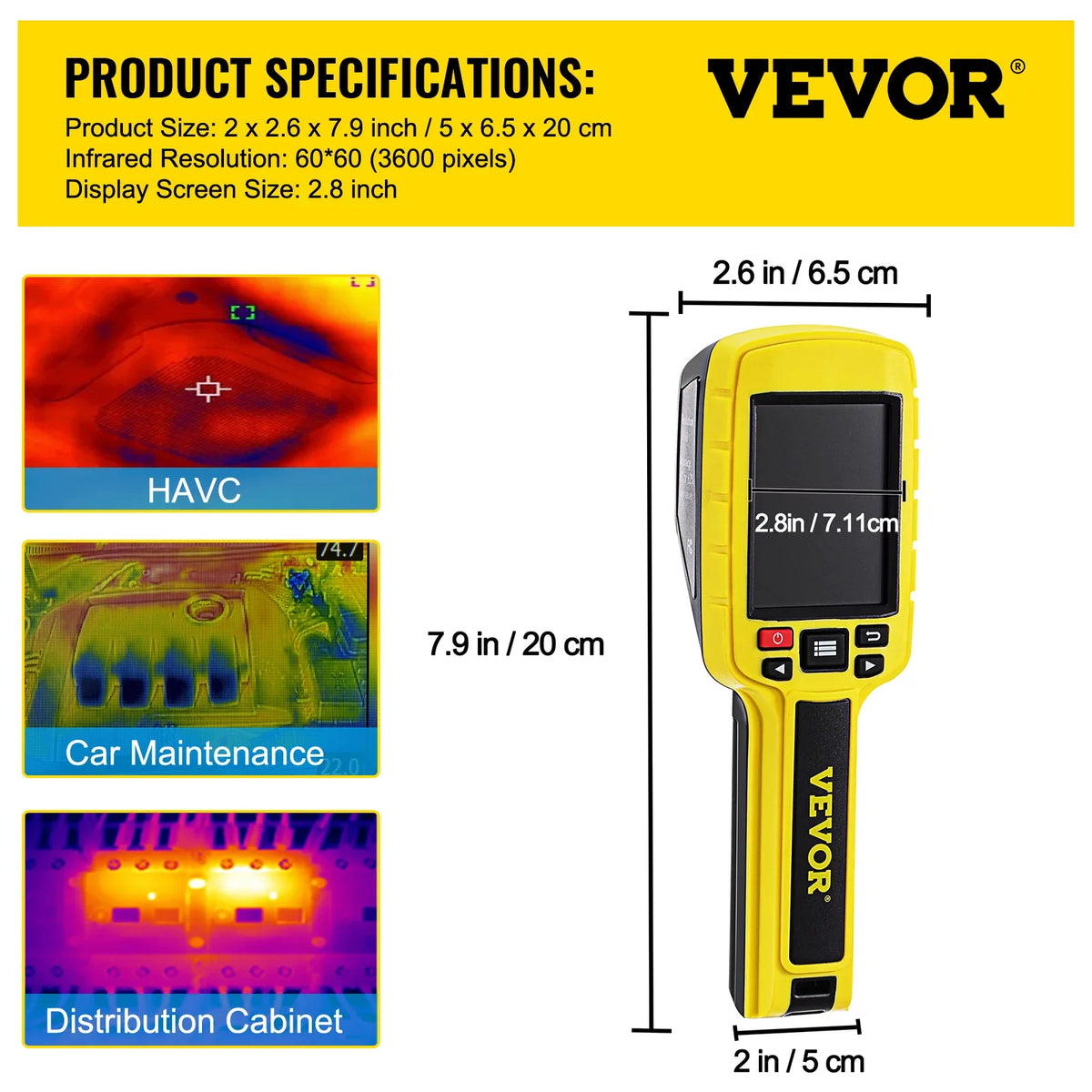 Camera, IR (3600 2.8" Electrical Thermal Screen, System SD Battery, Built-in VEVOR HVAC, Automatic Card Color for Li-ion and 60x60 Resolution Detect Infrared with Camera Display Imaging Pixels)