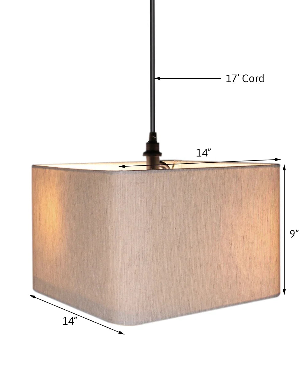 Pendant Drum 1 Square Plug-In Swag 14"w Shade, Oatmeal Cord Rounded Black Corner Light