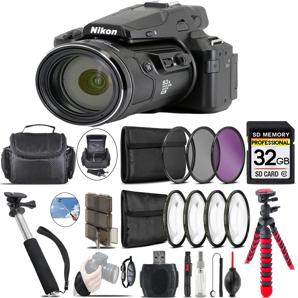 Case 32GB Digital Camera Nikon Bundle Spider + COOLPIX Tripod - + P950