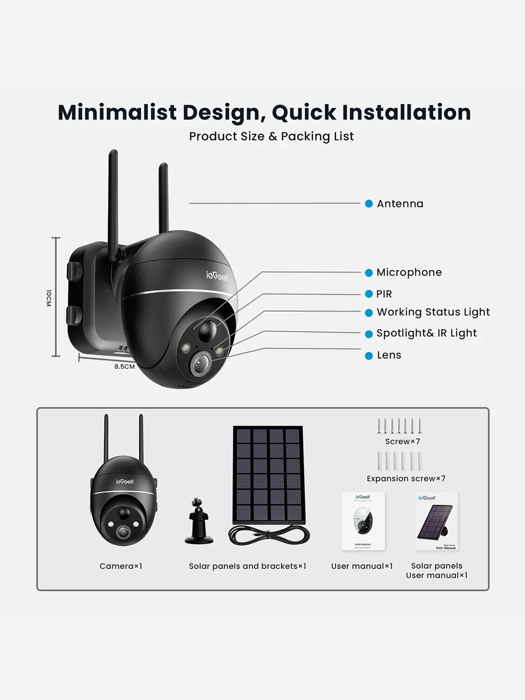 Outdoor Night PIR Camera Solar Outdoor Security 2K/3MP & PTZ Alexa Motion Detection, Surveillance with Work Color 360° Vision, View, Spotlight Camera WiFi, Siren, with Wireless