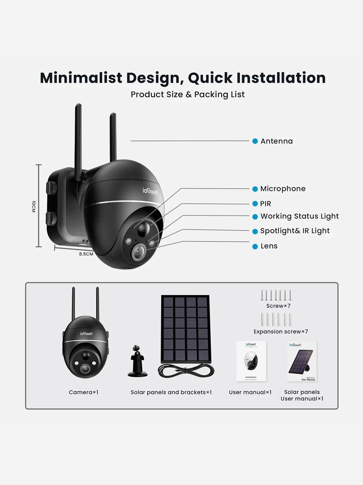 Outdoor Night PIR Camera Solar Outdoor Security 2K/3MP & PTZ Alexa Motion Detection, Surveillance with Work Color 360° Vision, View, Spotlight Camera WiFi, Siren, with Wireless