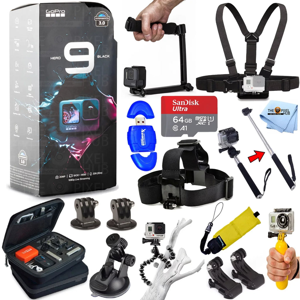 SanDisk KIT All Head 4K with 3-Way PRO HERO9 More GoPro 64GB, Case, Tripod, Camcorder In Selfie Strap, and Stick Waterproof and Much Chest Black Medium ACCESSORY 1