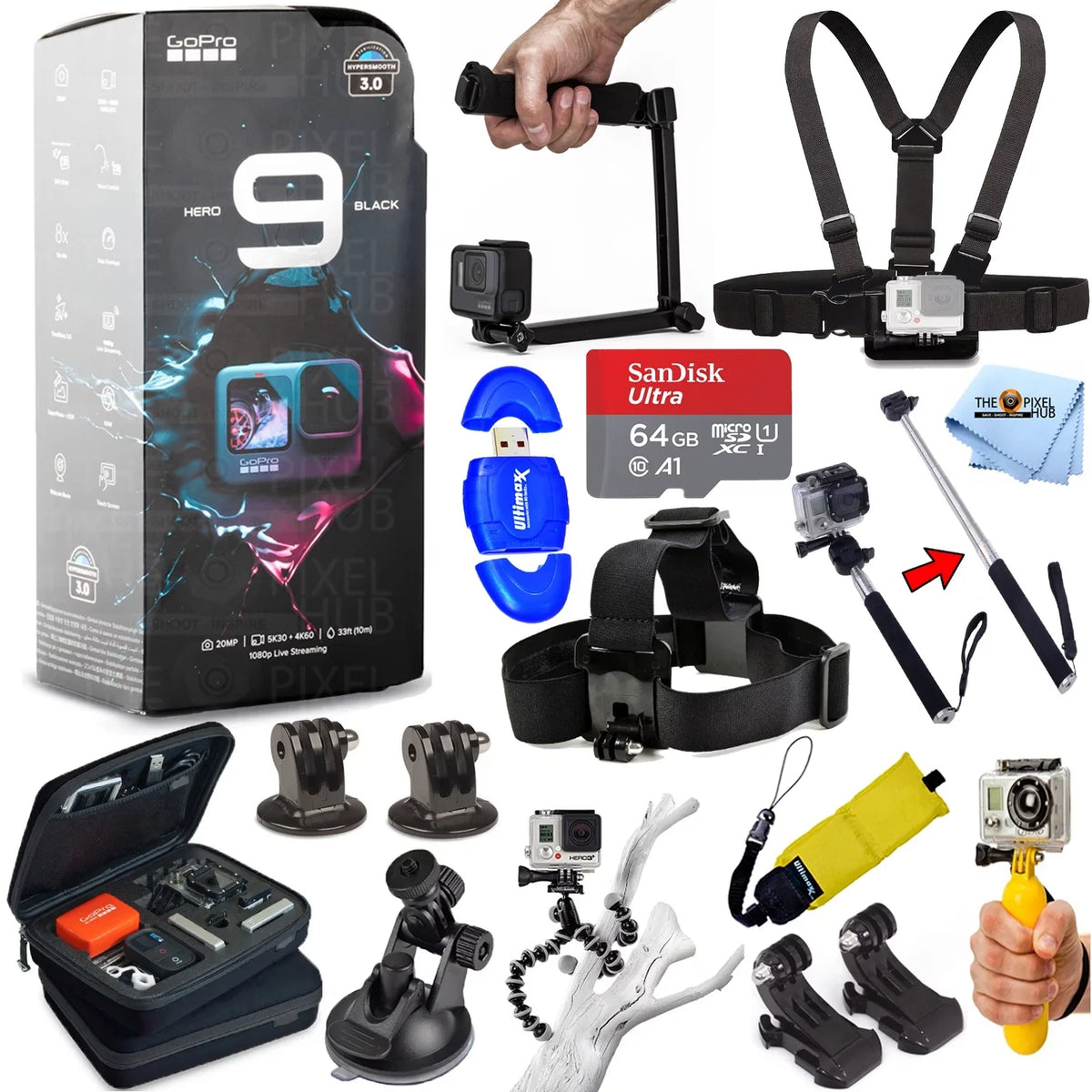 SanDisk KIT All Head 4K with 3-Way PRO HERO9 More GoPro 64GB, Case, Tripod, Camcorder In Selfie Strap, and Stick Waterproof and Much Chest Black Medium ACCESSORY 1