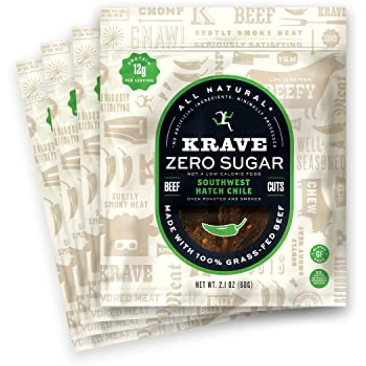 Grass-Fed Nitrates 100% Hatch Beef Southwest Pack) Ingredients, Protein, - No Oz Sugar, Zero 2.1 No Krave Artificial Gluten-Free, (4 12G Bags Jerky, Chile Beef,