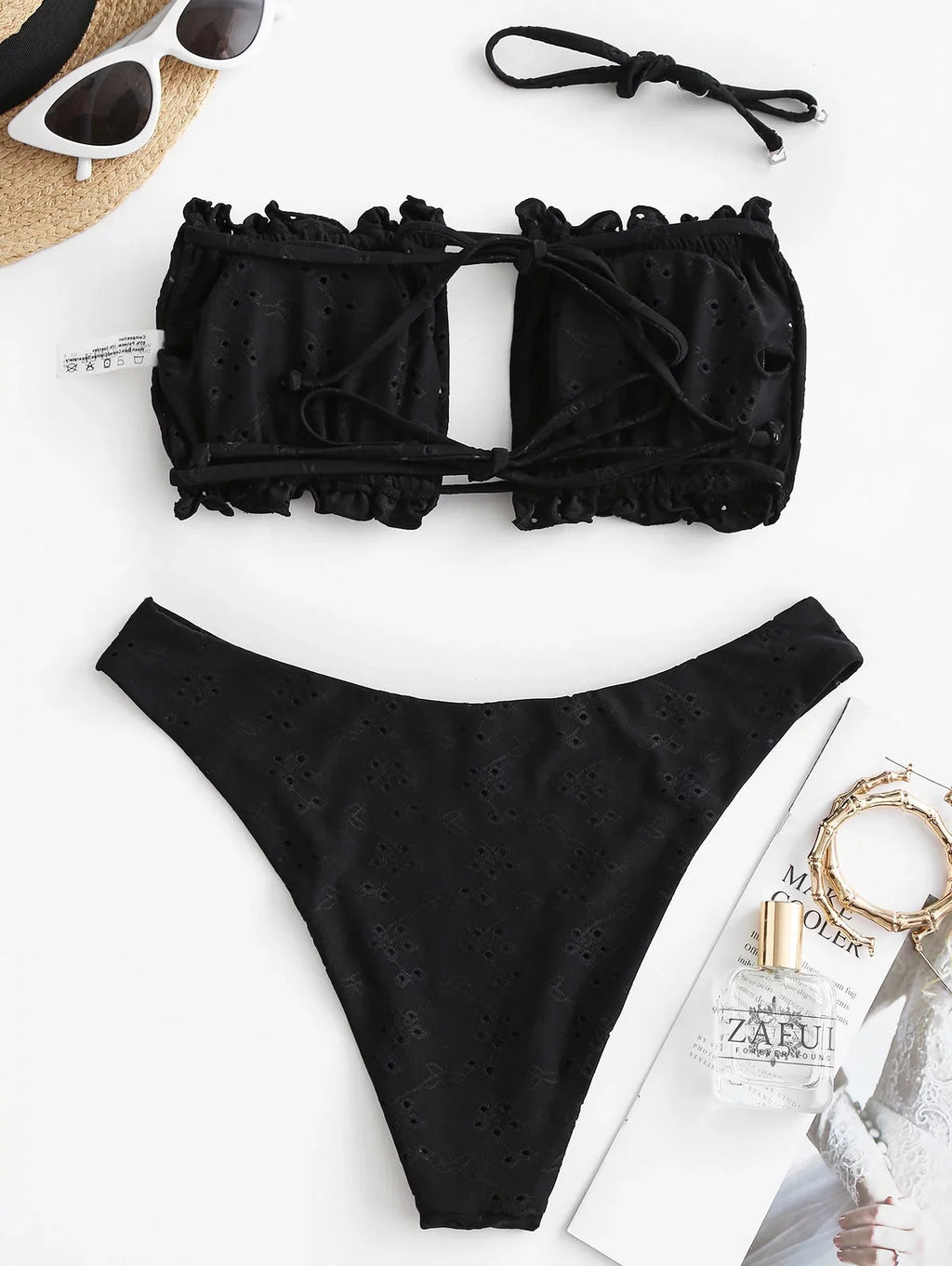 Ruffle Bathing Piece Cutout Sexy ZAFUL Swimsuit Ribbed Bandeau High Cut Suits Tie Bikini Womens 2