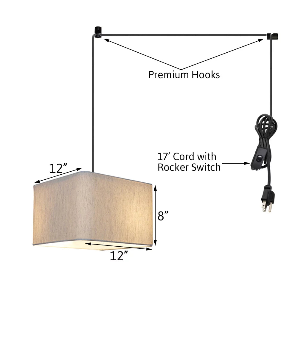 Pendant Drum 1 Square Plug-In Swag 14"w Shade, Oatmeal Cord Rounded Black Corner Light