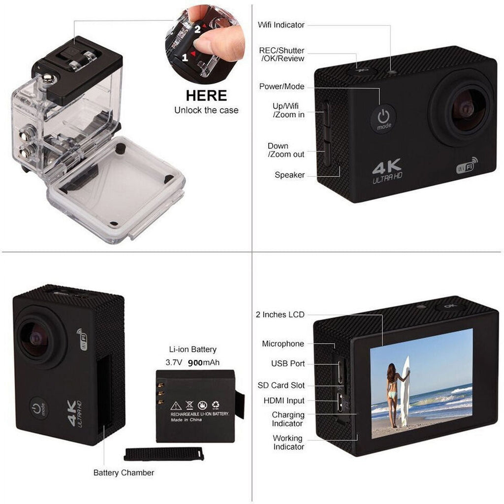 Waterproof, Card, Camera Under 1080P Included HD Action TF Case Camera Carry Battery, Sports 30M