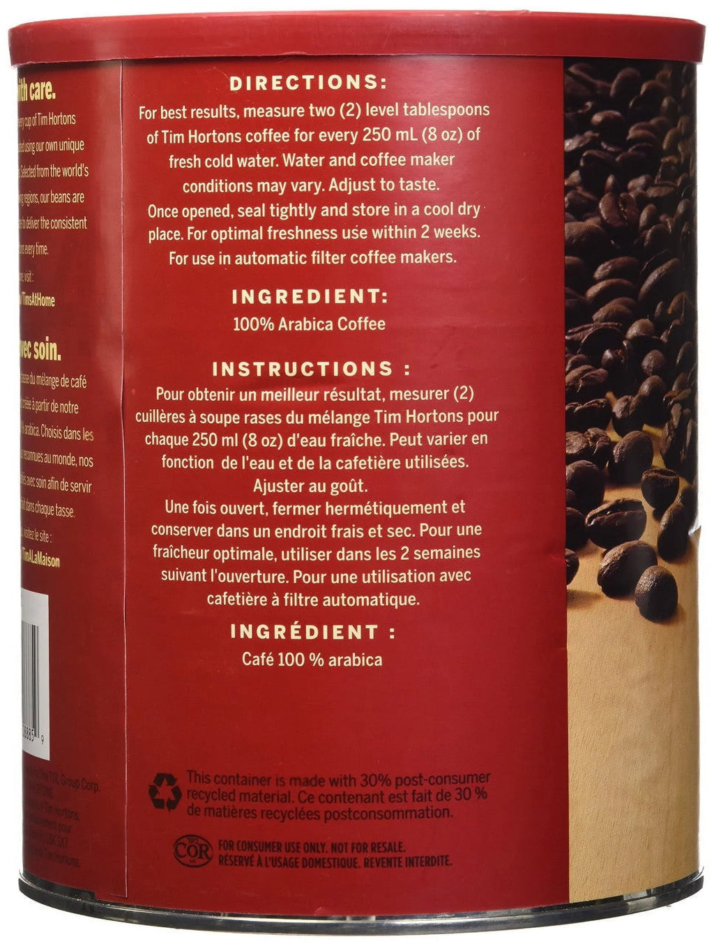 Coffee, Fine Large Arabica Canada} from 100% 48oz., Hortons Blend,1.36kg/ Roast Grind Original {Imported Extra Medium Tim