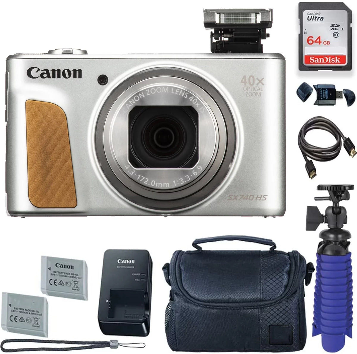 Card Premium + Batteries SX740 Case (Silver) Canon 2 Camera Camera PowerShot + GB with + Digital Tripod HS 64
