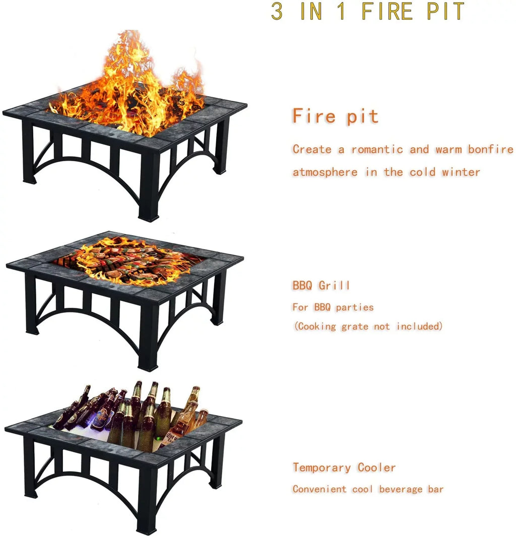 with Heating, Fire Marble Square Burning Poker Wood Fire Patio Pits Tile and Patio Tables 35'' Bonfire,Camping,Outdoor Grand Spark for for Outside Screen Tabletop