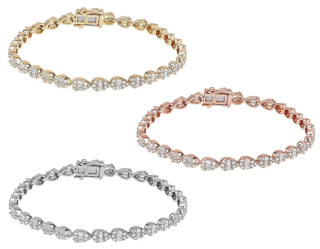 wristband Tennis 7.75" 4MM Gold Shaped Baguette Cluster 2.70 Tear CT Diamond Link