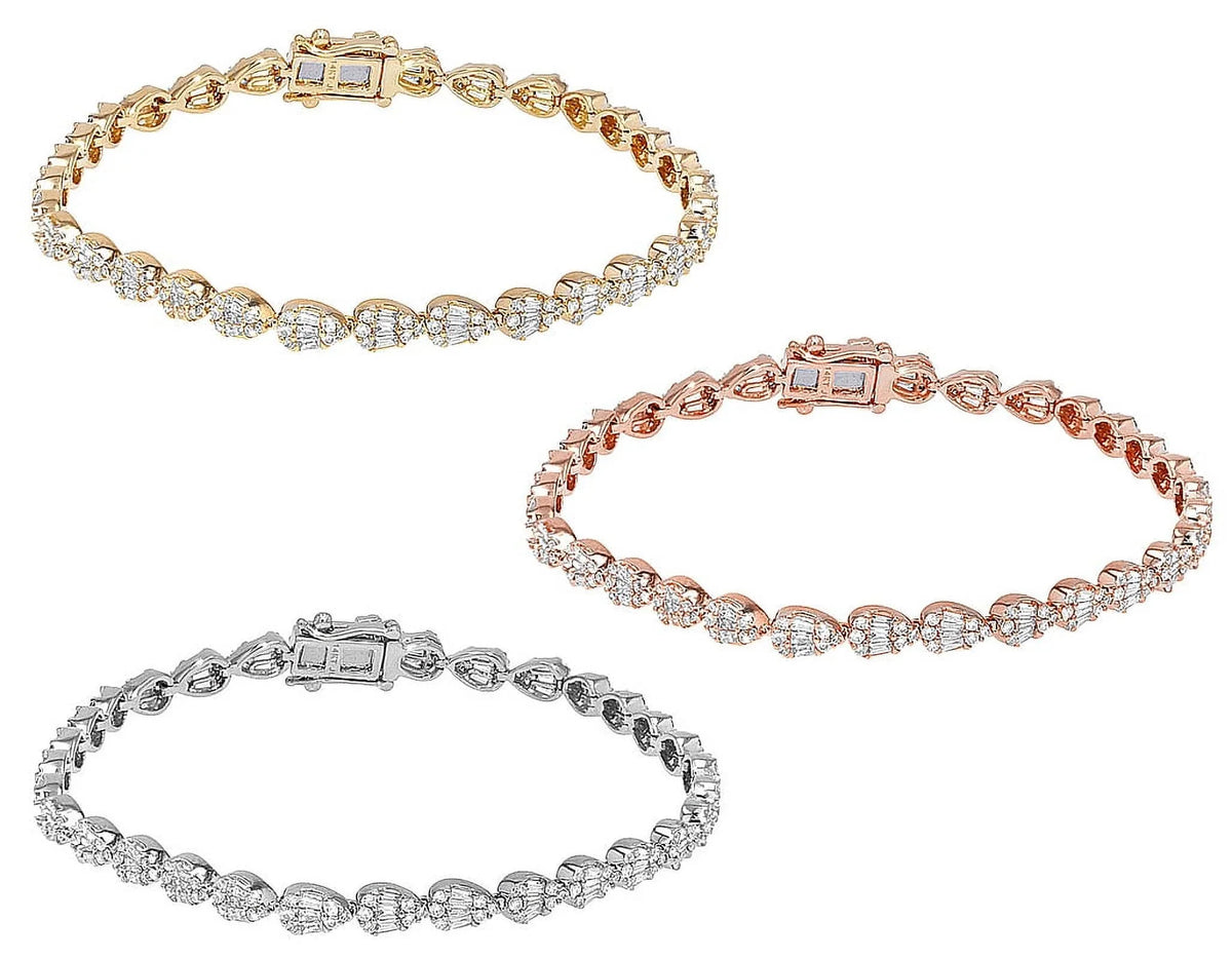 wristband Tennis 7.75" 4MM Gold Shaped Baguette Cluster 2.70 Tear CT Diamond Link