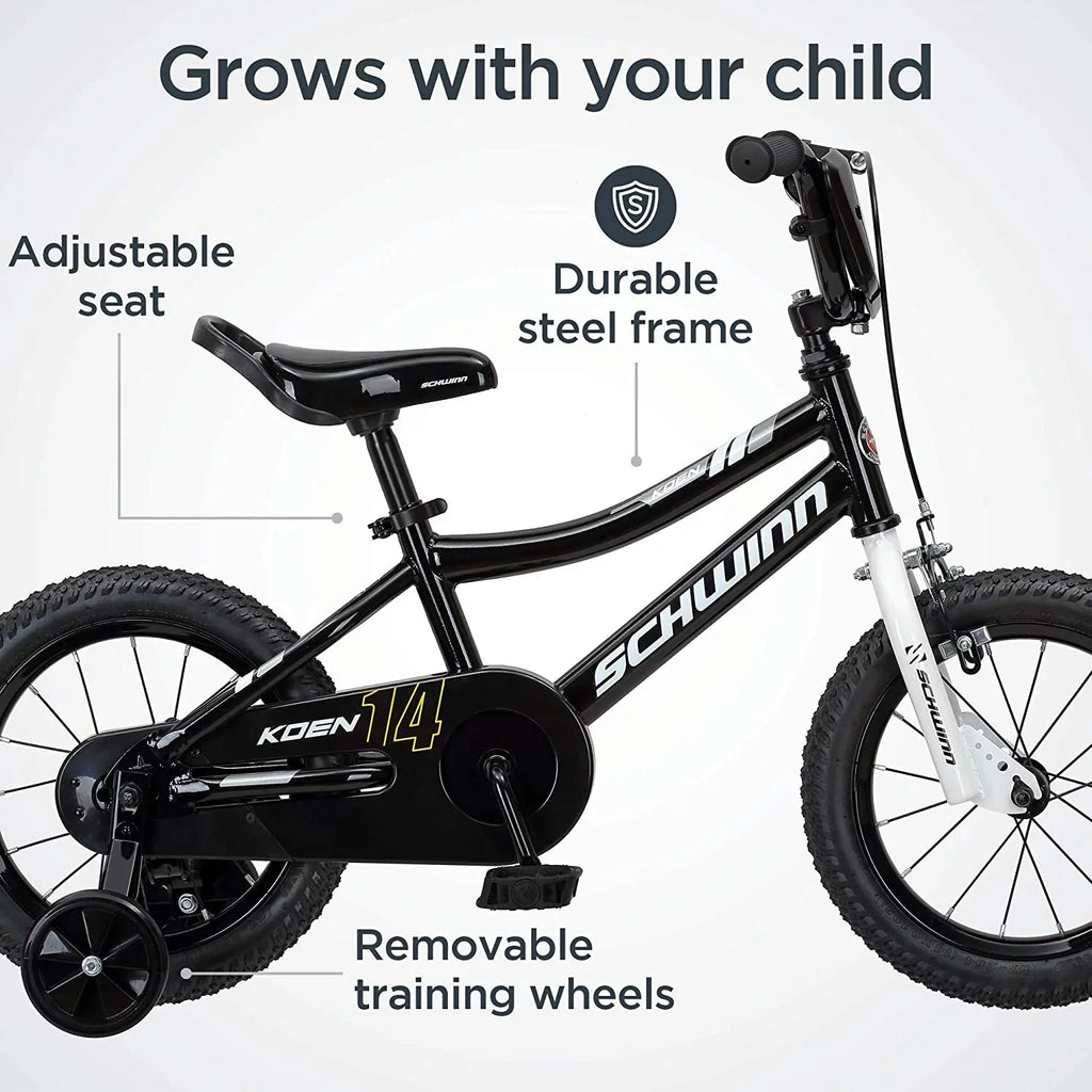 for 2 Boys and Up, Black, Wheels, Kids, Toddlers Ages Adjustable Seat inch Bike and 14 for Training Schwinn Wheels Years Koen