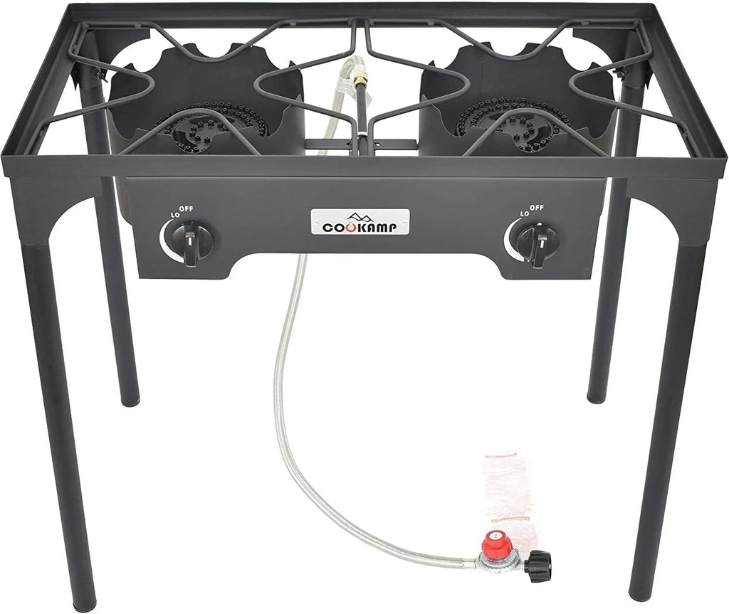 0-20 Adjustable High Height. Braided Camp (2-Burner) Regulator with Outdoor Banjo Pressure Stove and PSI Steel Adjustable Hose