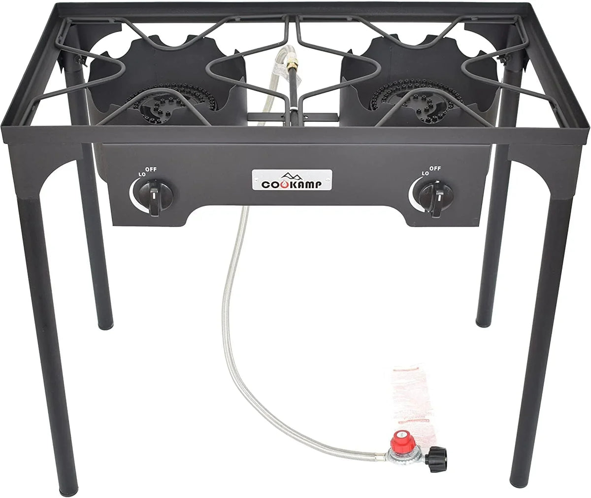 0-20 Adjustable High Height. Braided Camp (2-Burner) Regulator with Outdoor Banjo Pressure Stove and PSI Steel Adjustable Hose