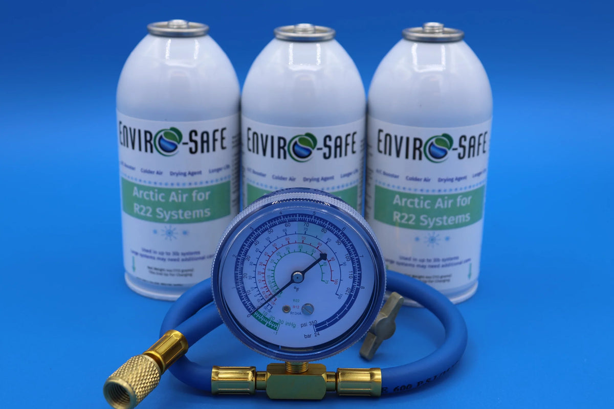 R-22a and Envirosafe 3 Air R22 cans Arctic a systems, R22a, gauge, for