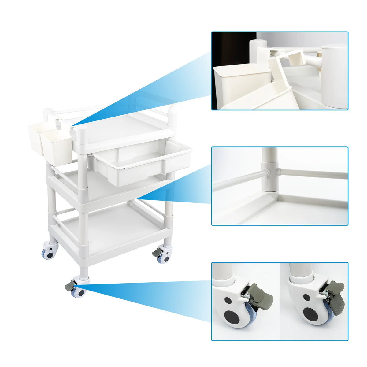 Hospital 500 Dirt Salon Tier Heavy Mobile Lbs Trolley Duty Drawers Cart for Beauty Clinic Spacious 360°Rotate Rolling Medical Cart Buckets Medical Wheels with 3 Utility Dental Trolley