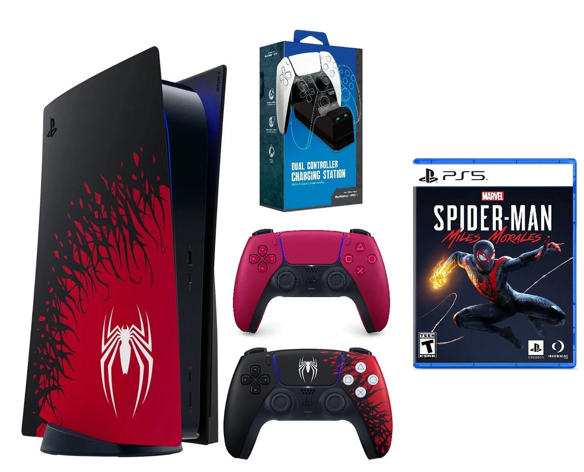 & Controller, With Miles Morales 2 5 Bundle Spider-Man – Dual Marvel’s Console Charger PlayStation Red DualSense Game,