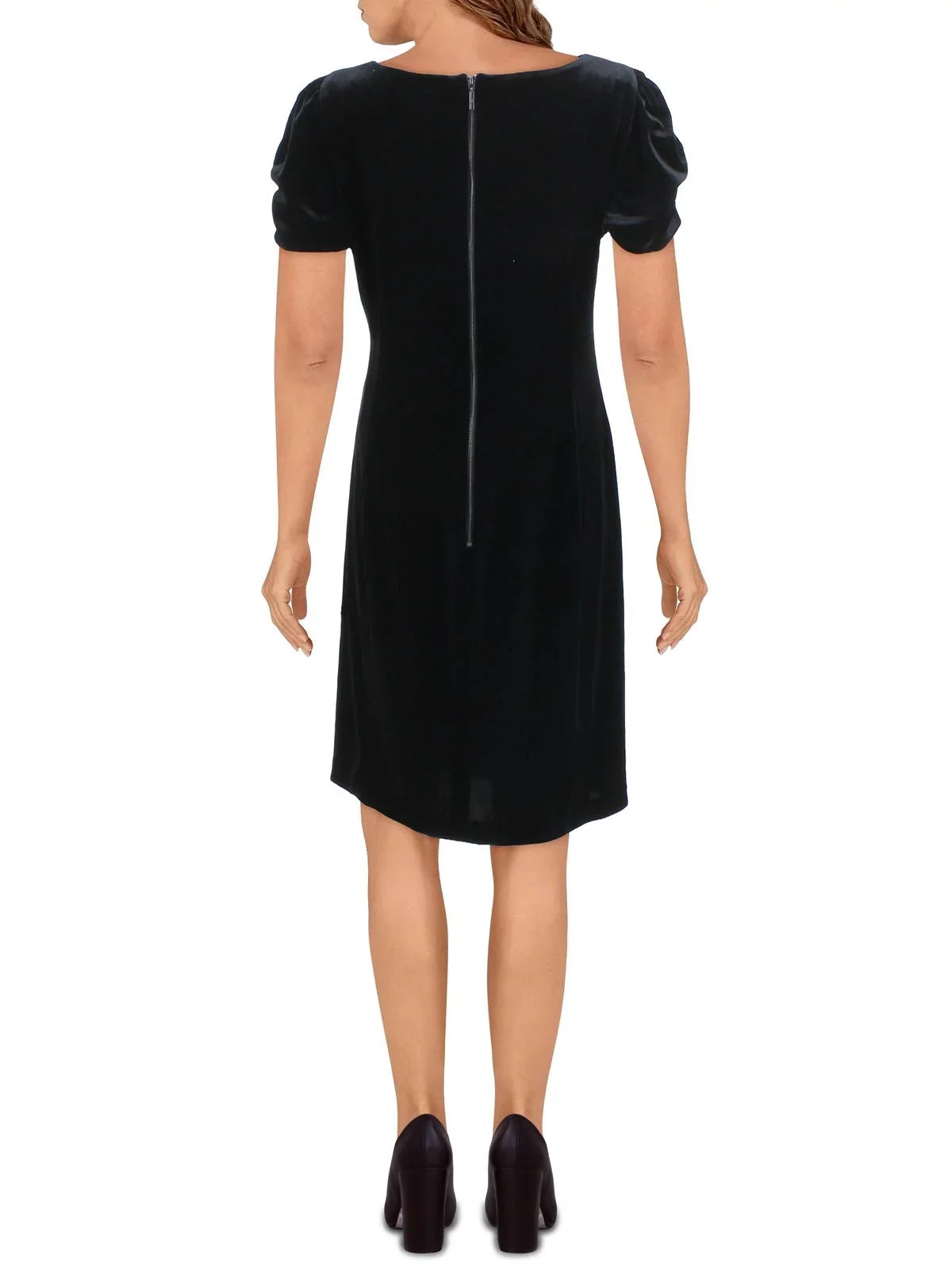 Flare + Pouf Party The LAGERFELD Black Womens Above 8 Round Fit Knee KARL Dress Zippered Ruched Neck Sleeve