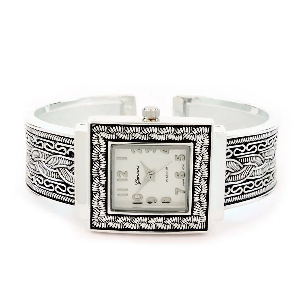 Bangle Metal Decorated Western Face Cuff Watch Women's Square Silver Style