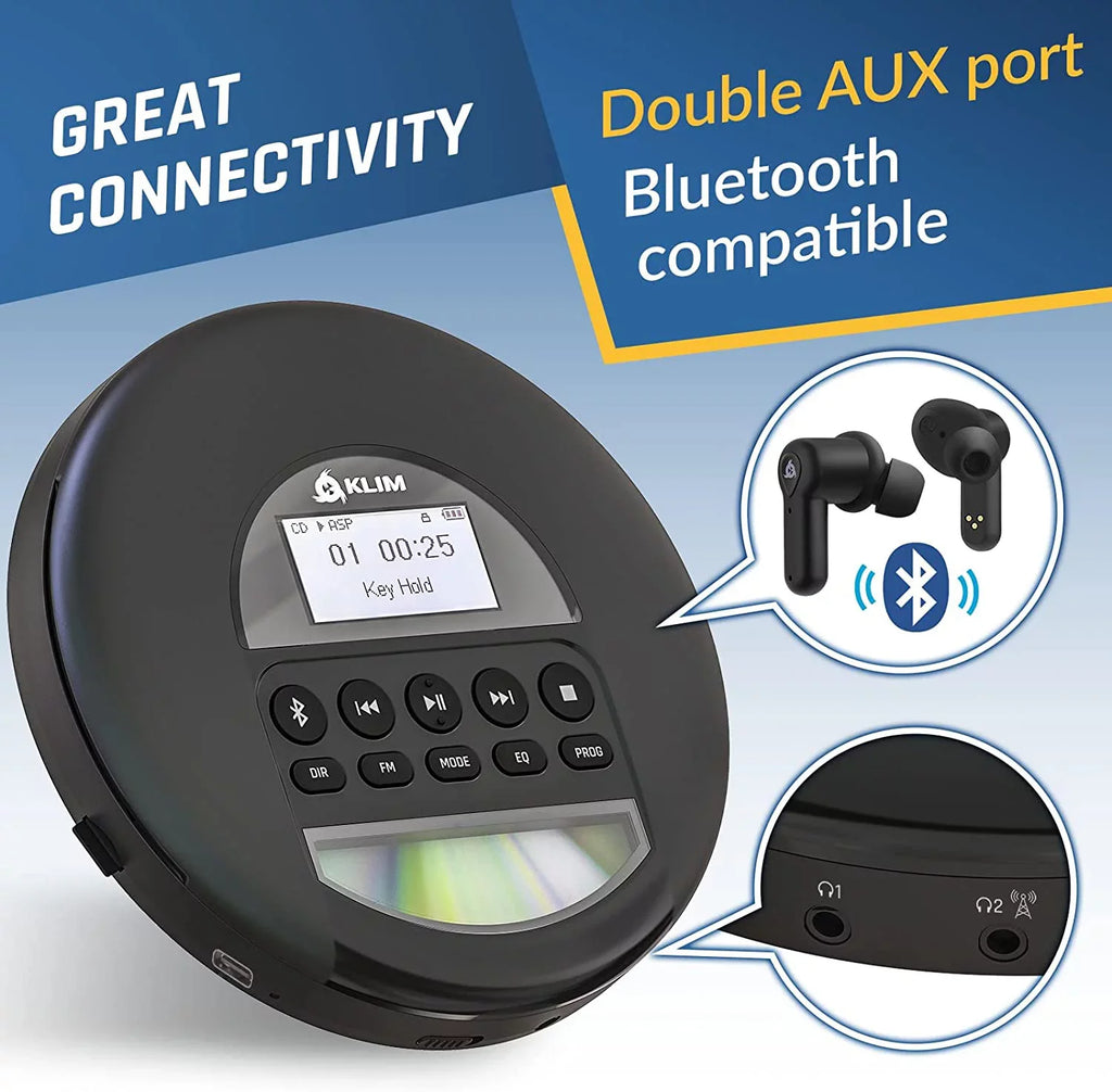 Pre-Owned with Ideal Headphones, for Rechargeable Card, Black Battery, Radio, AM Portable Fusion FM Discman (Refurbished: Cars, Good) Player CD TF MP3, Nomad KLIM Bluetooth-