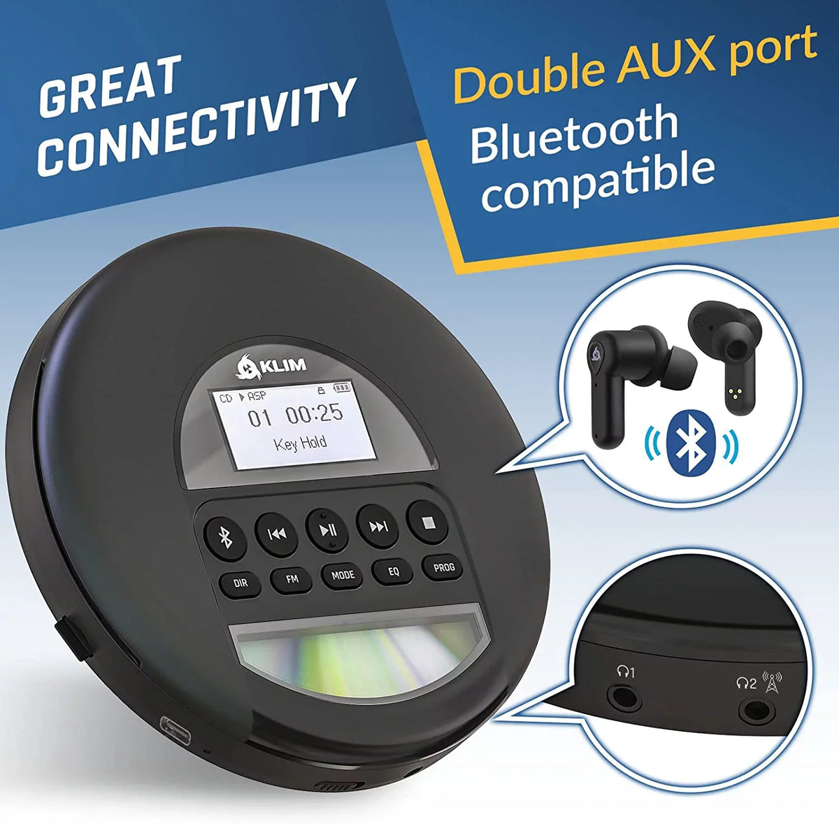 Pre-Owned with Ideal Headphones, for Rechargeable Card, Black Battery, Radio, AM Portable Fusion FM Discman (Refurbished: Cars, Good) Player CD TF MP3, Nomad KLIM Bluetooth-