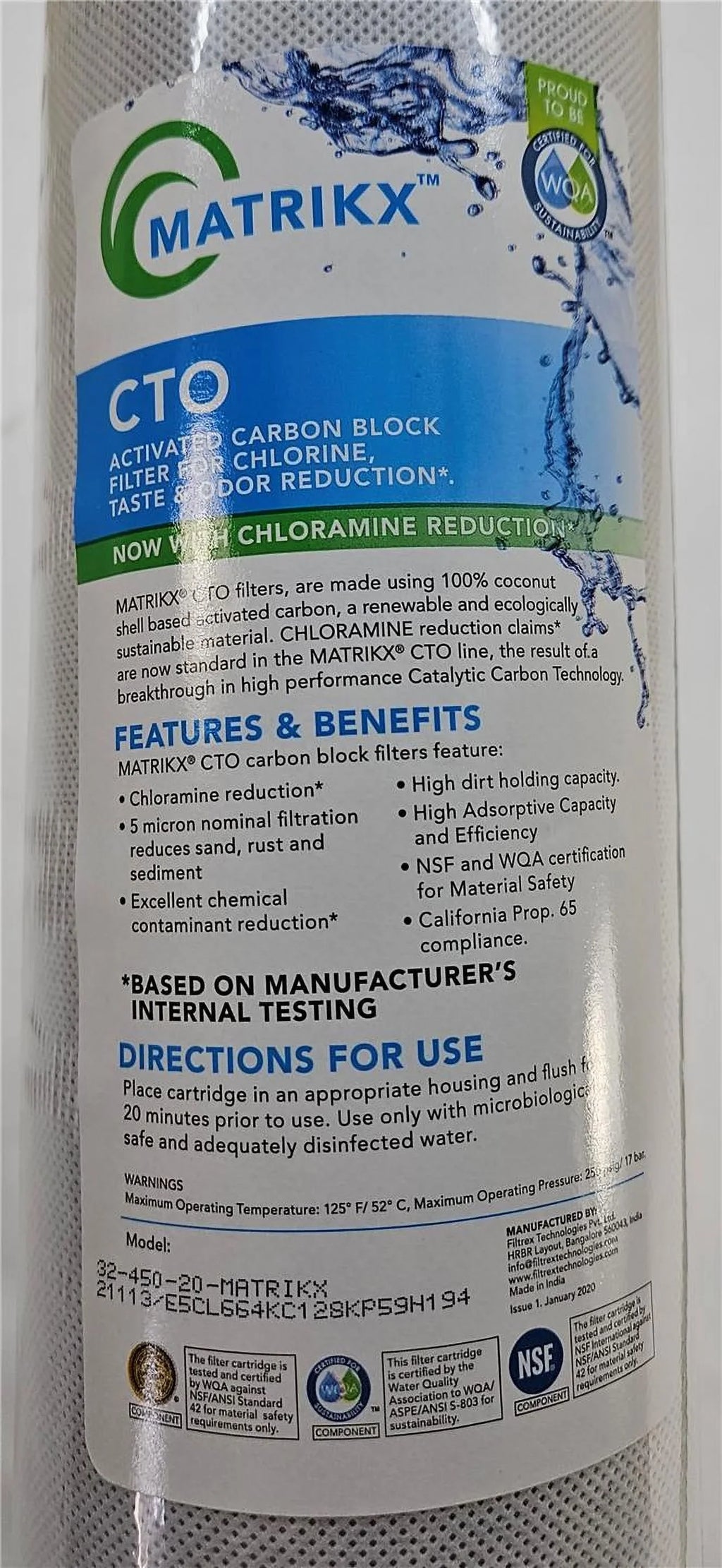 MatriKX Filter Carbon Block Micron CTO 5 (32-450-20-GREEN) Chlorine 20"x4.5" Reduction