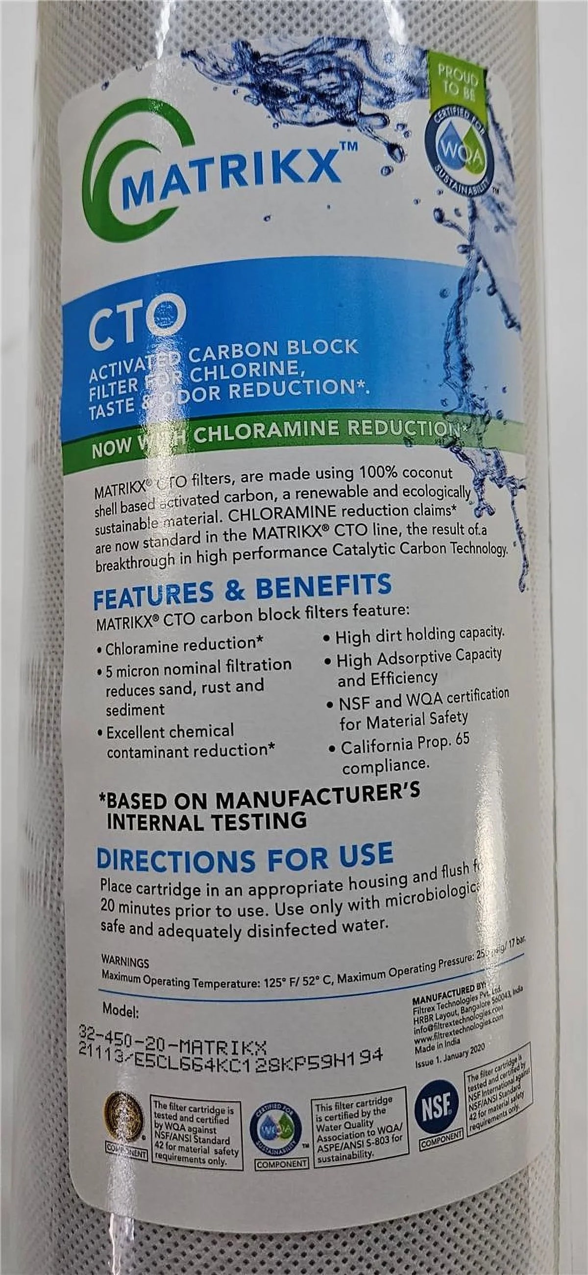 MatriKX Filter Carbon Block Micron CTO 5 (32-450-20-GREEN) Chlorine 20"x4.5" Reduction