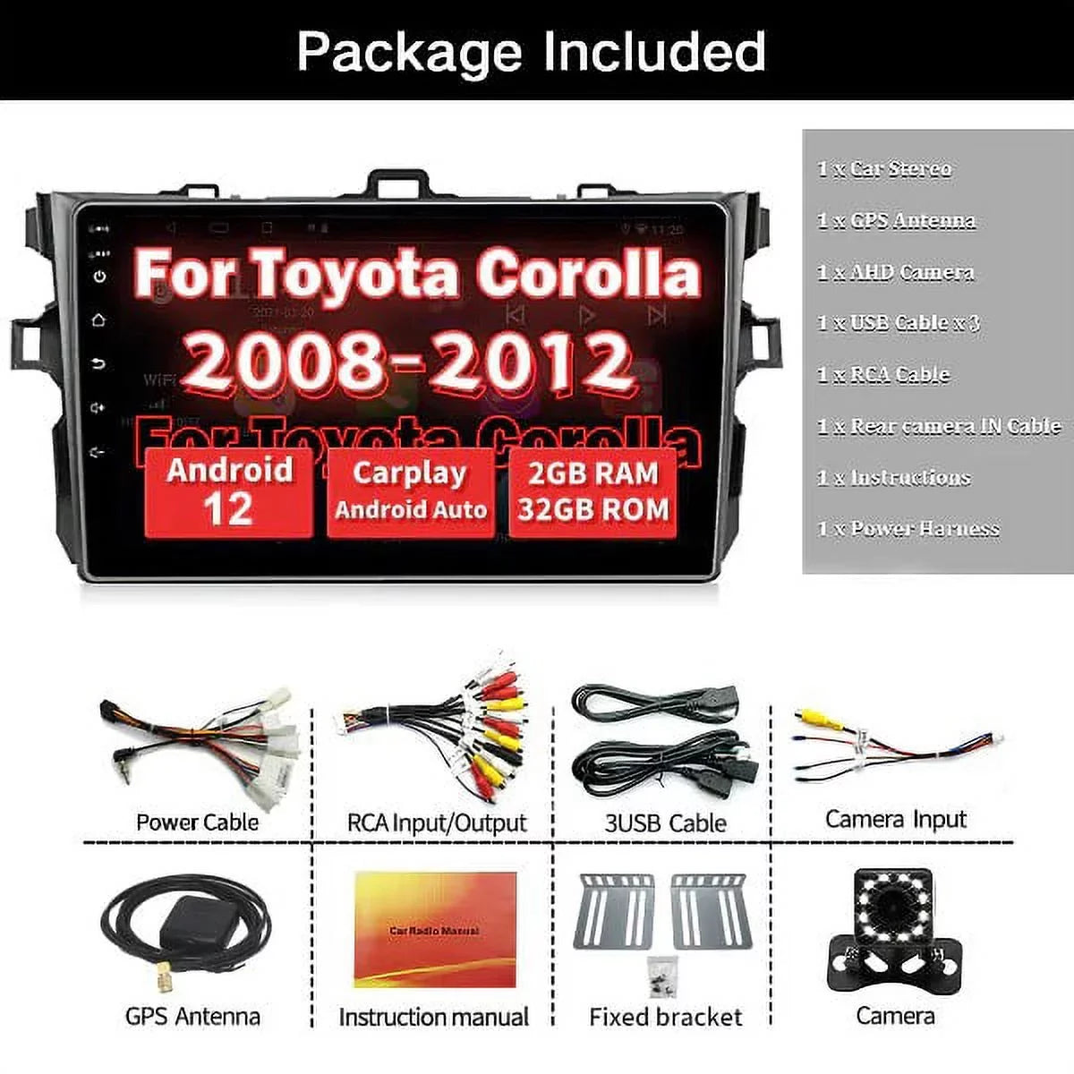 CarPlay&Android Auto,9 Stereo Car Double 12 Corolla Din GPS Compatible 08-12 Car FM&AM, Touch Inch Bluetooth, for Camera Binize Radio with Backup Android Support Navigation, Screen