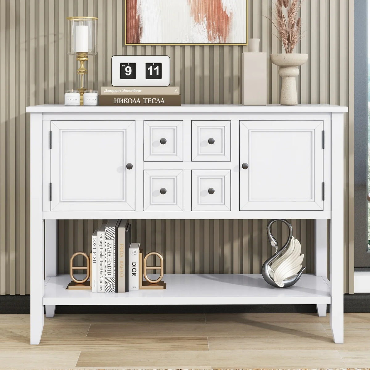 Navy Table WF190263AAH) Small Ample Kitchens TREXM Console Cambridge Storage SKU Drawers Bottom Four for Vintage and (Light with Entrances and Rooms Living Series Shelf OLD