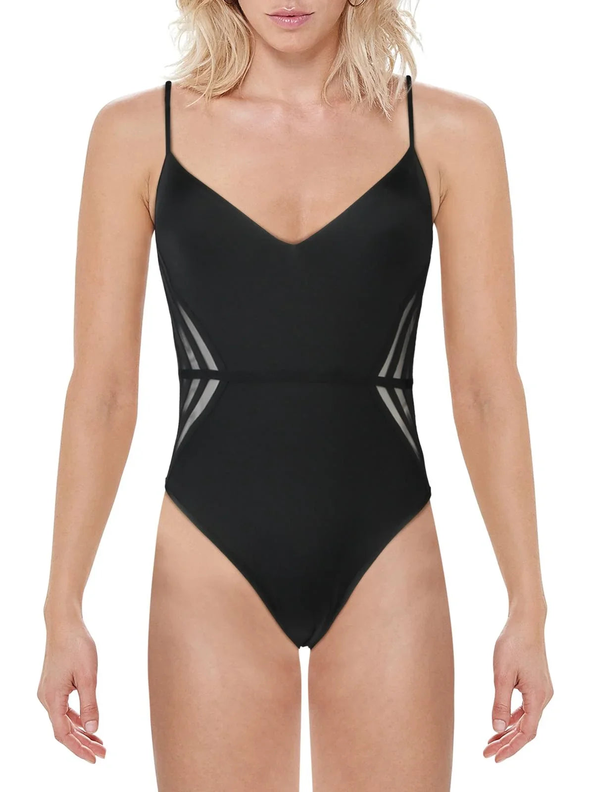 V-Neck Women's One-Piece Azria Swimsuit BCBG Stripe Mesh Max Seamed Mio