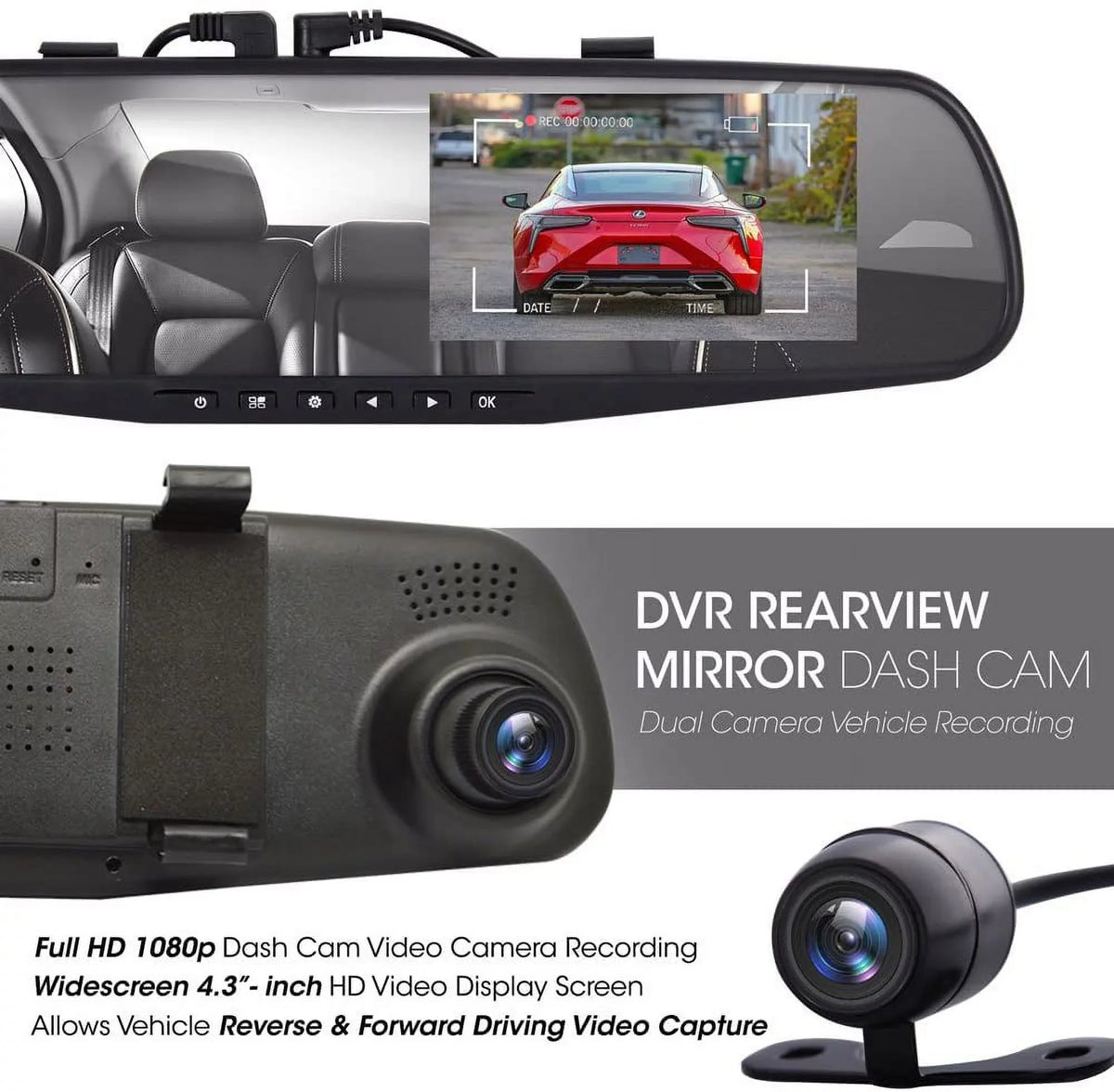 Dash System HD 1080p Vehicle Rearview Mirror 4.3" Recording Camera Cam Pyle Dual
