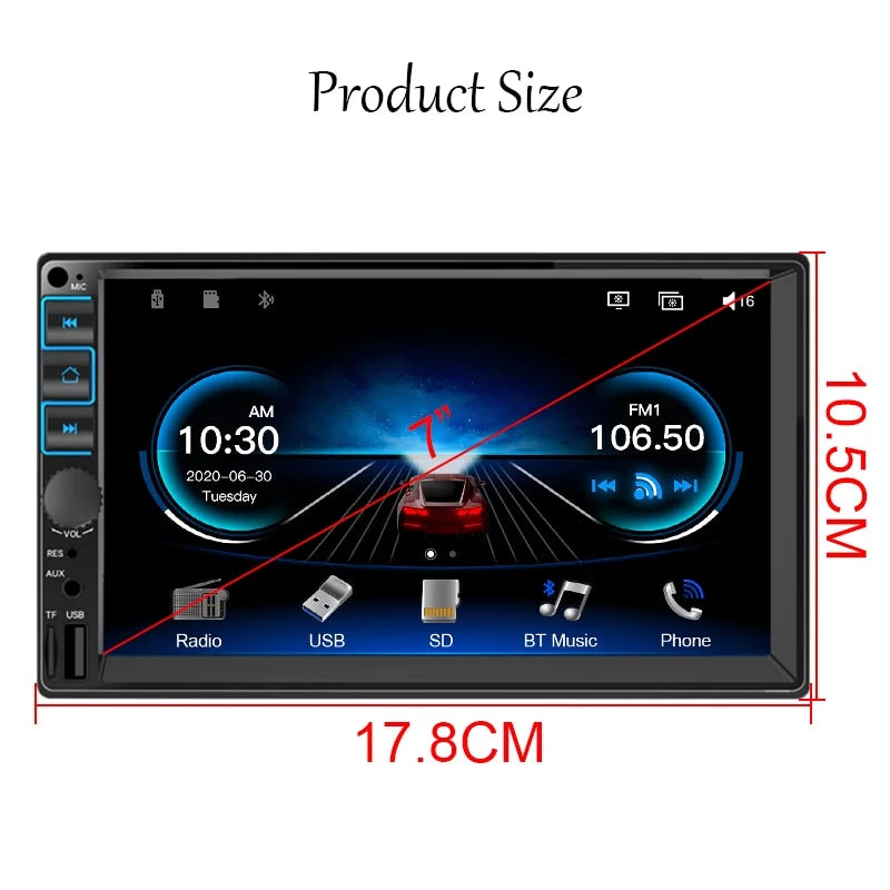 Stereo Link, Touch Car Radio Screen Microphone, , 2 Android Support Display, Bluetooth, Mirror 7'' GPS, Auto Receiver Carplay Din