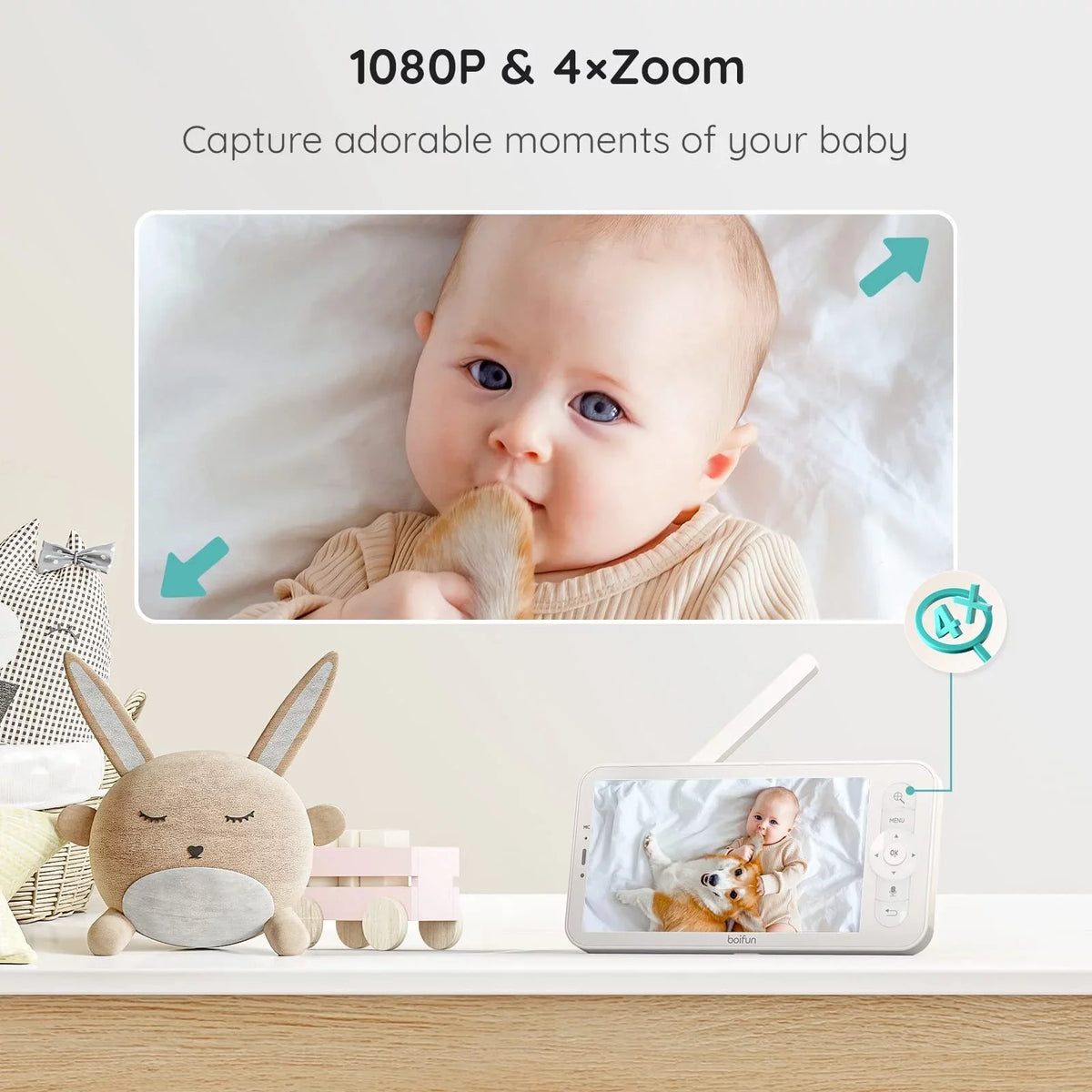 Detection 300M Monitor Night Video BOIFUN Vision, Monitor Remote & APP, Auto Motion Audio Smart Pan-Tilt-Zoom, Camera with Baby Baby with 5'' and Range, Long Track, 1080P, Two-way