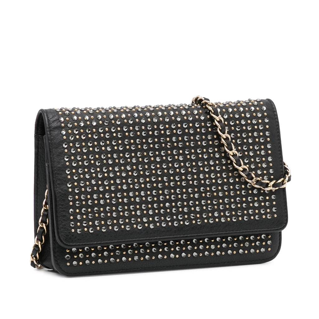 Leather (Good) Unisex Studded Calf on Black Authenticated Crossbody Wallet Pre-Owned Chain Bag