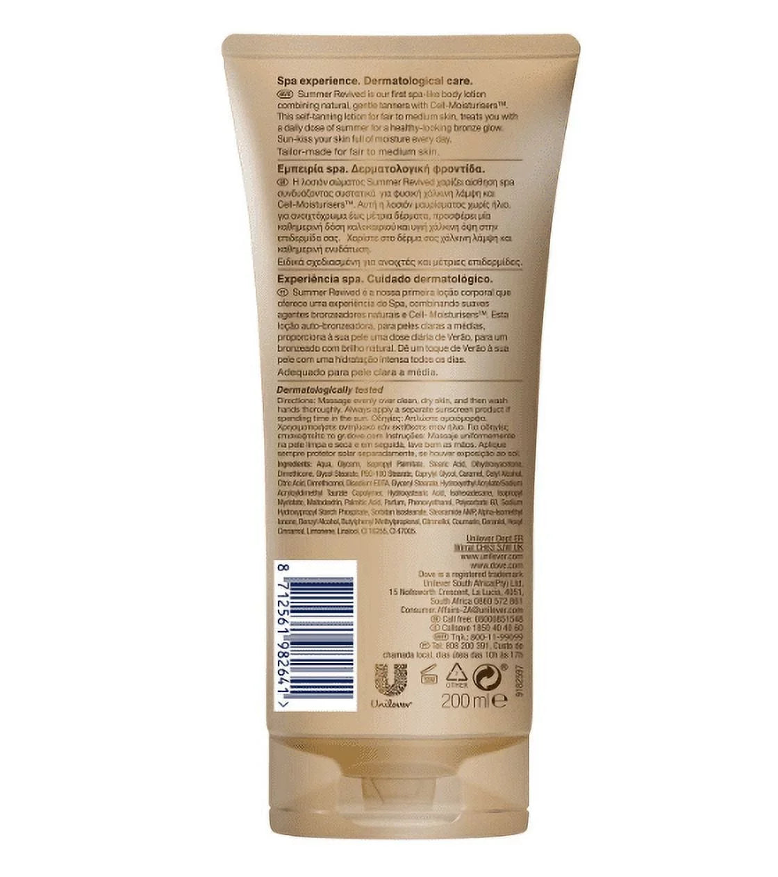 Spa Dove Lotion 200ml Skin Body Medium to Fair Revived of 2) Derma (Pack Summer
