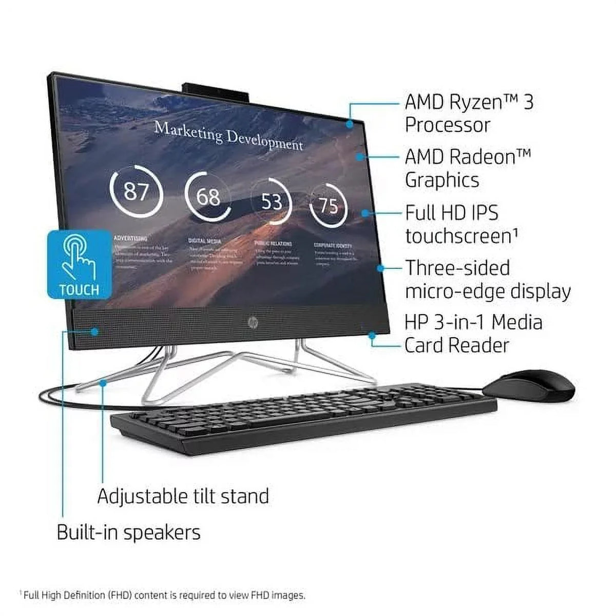 HP 3 3250U, RJ-45, USB Ryzen HDMI, Keyboard&Mouse, Windows Touch Screen, RAM, Home, SSD, FHD WiFi, All-in-One Desktop, Newest DVD-RW, AMD Webcam, 12GB Wired 11 Black 2022 22" 512GB