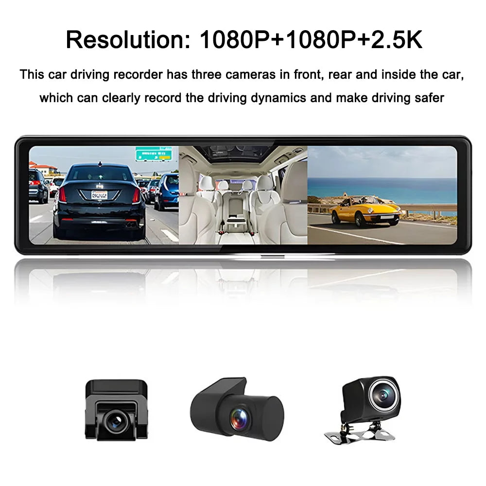 Driving Car Clear Rearview 2.5K Recorder 12in Screen Auto Cam Mirror Carplay 3 Video Touched Car Cameras Andoer Car Recorder Recording Dash