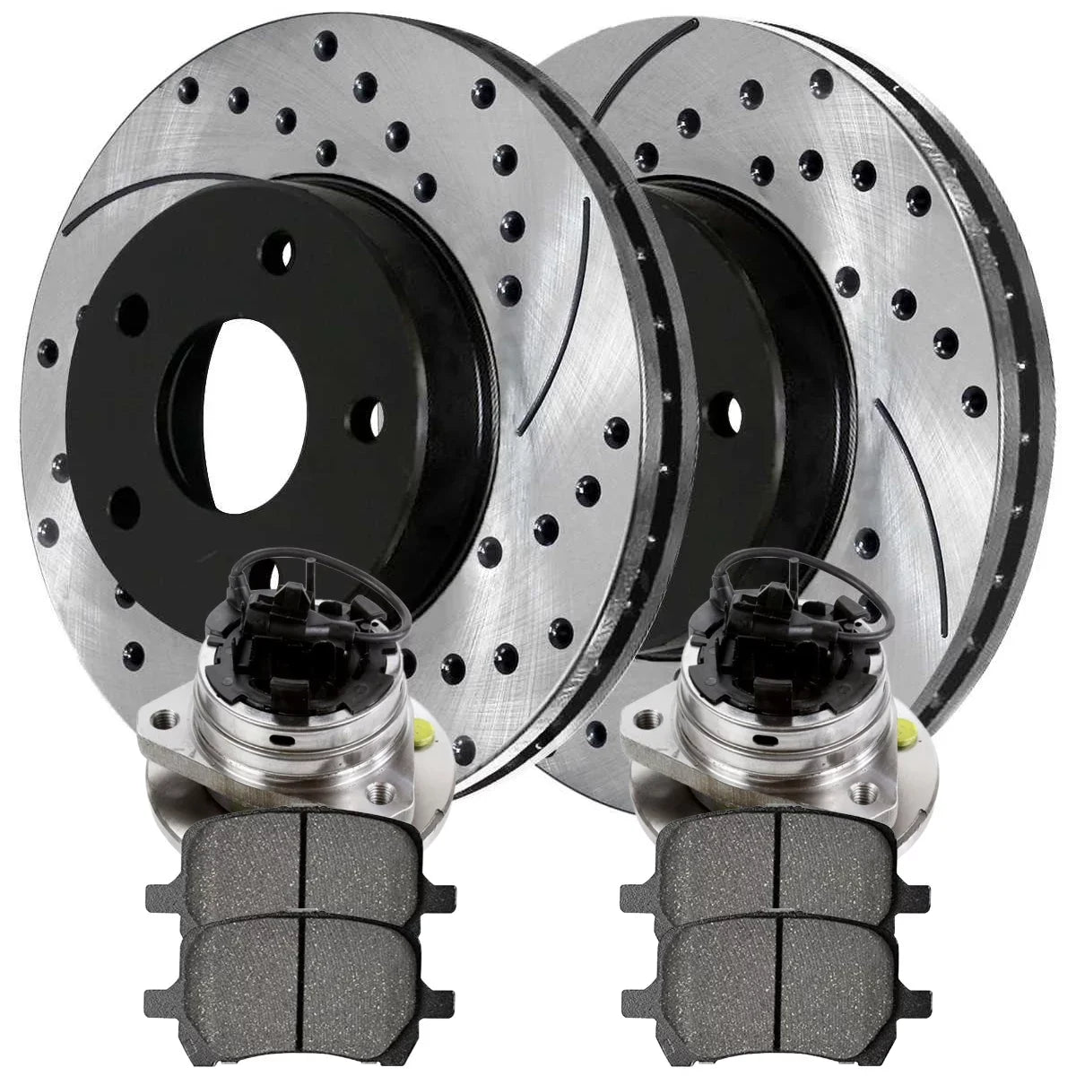 Chevrolet Pontiac Ceramic V6 Drilled and Wheel Saturn FWD Rotors Slotted 2004-2012 Driver Pads Black 2006-2010 Replacement Bearing for RHBBK0721 Hubs Front Kit Aura Passenger Side G6 AutoShack Malibu
